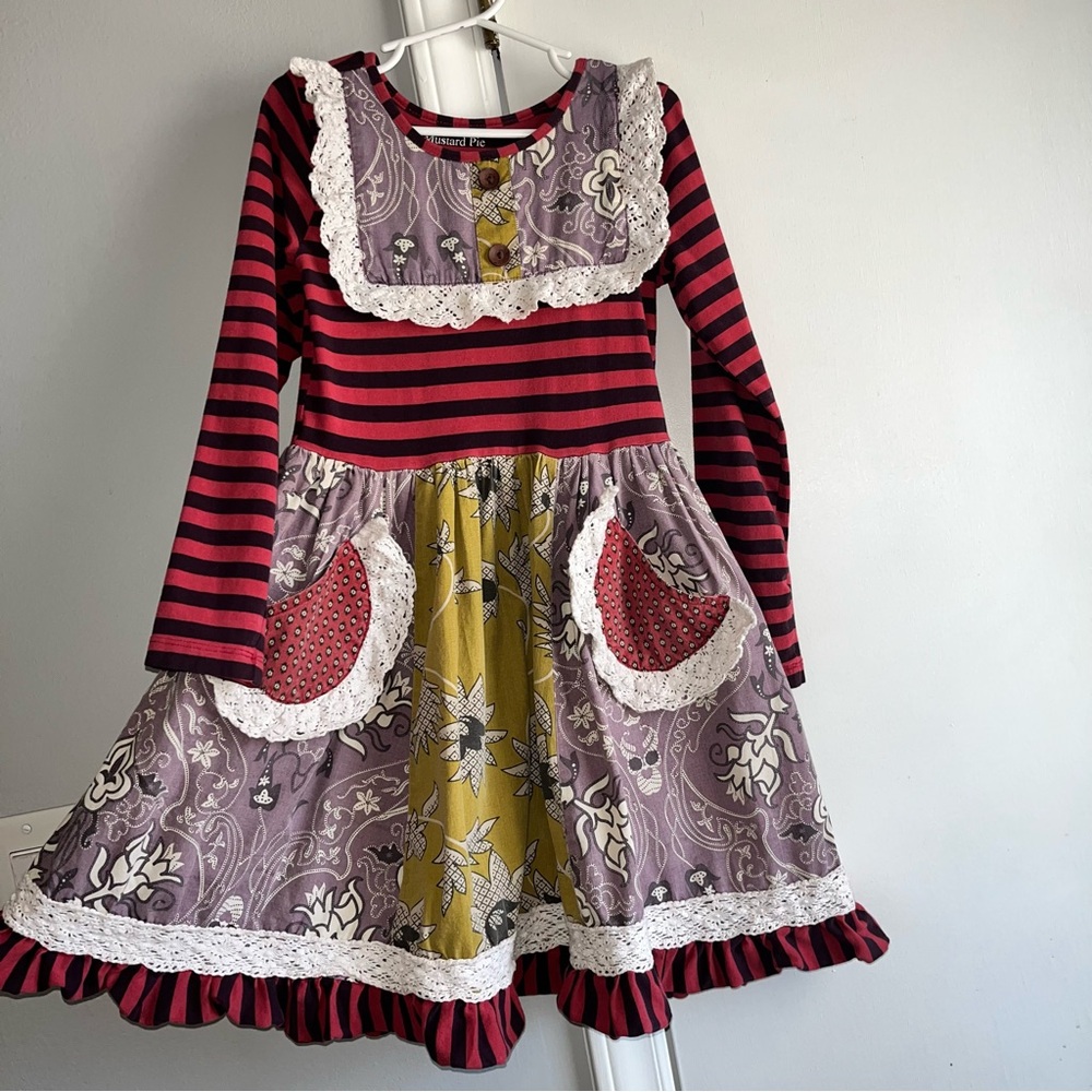 Mustard Pie Striped & Floral Long Sleeve Dress • Crochet Lace • Full Skirt
